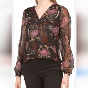 A.L.C. Mac Crinkle Silk Chiffon Floral V-Neck Top Sheer Sleeve Gold Size 14